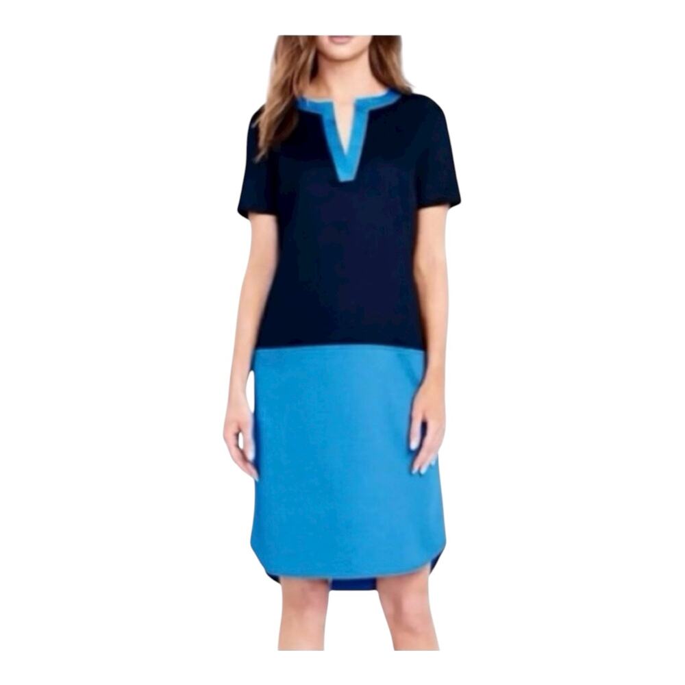 Lands End Womens Waffle Knit Shift Dress Size 4 Blue Split Neck Short Sleeve